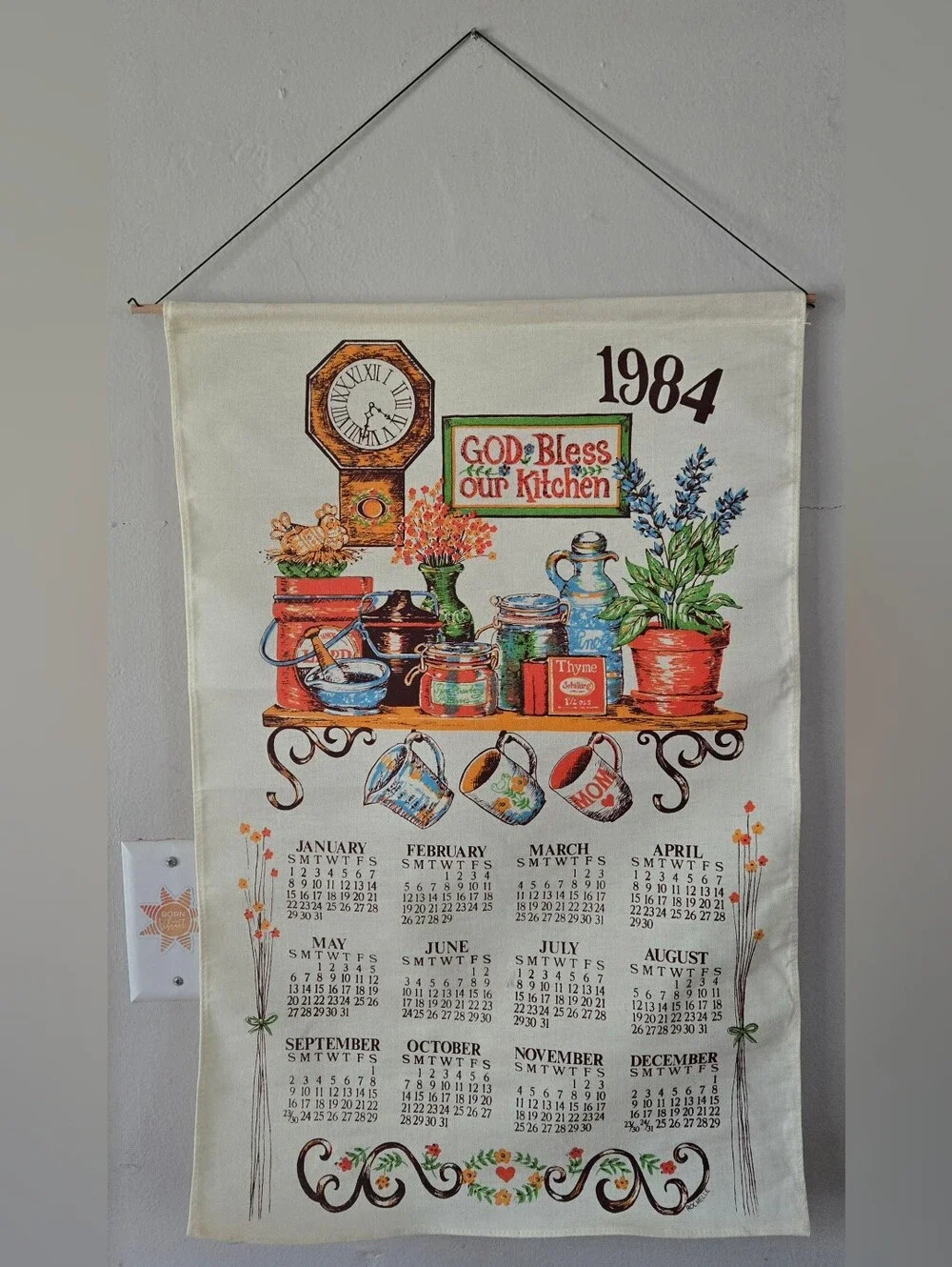 Vintage 1984 Calendar Linen Tea Towel w/ Rod & String to Hang Kitchen Theme